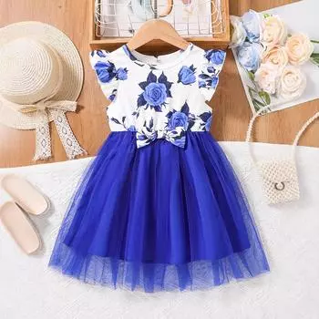 Милое детское платье для девочек Летнее детское платье-торт с цветочным принтом 90cm синий