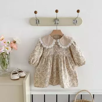 Милое детское платье принцессы с длинными рукавами и цветочным принтом для девочек, осеннее платье с воротником-стойкой для малышей, детская одежда, платье 130cm бежевый