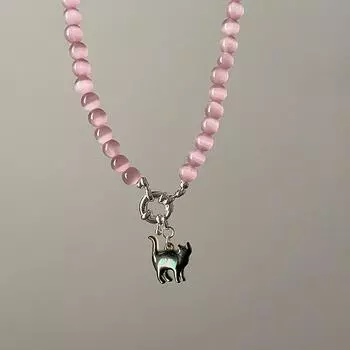 Милое девчачье розовое опаловое ожерелье с кулоном в виде кошки, женское, милое, изысканное, модное, универсальное, цепочка на шею, цепочка на ключицу