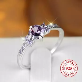 Милое фиолетовое кольцо с кубическим цирконием, свадебные аксессуары, серебряное кольцо-обещание, женский подарок на годовщину, ювелирные изделия с подвесками 6 фиолетовый/серебряный