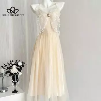 Милое французское платье макси из тюля с бантом на бретельках для летних каникул — шикарное женское платье без рукавов S бежевый