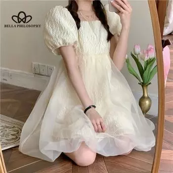 Милое французское платье принцессы, женское повседневное корейское сетчатое вечернее мини-платье, женское летнее элегантное платье принцессы Kawaii Y2k, шикарное платье S бежевый