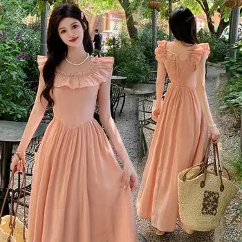 Милое и элегантное длинное шифоновое платье с краем в виде листьев лотоса для женщин больших размеров летом L оранжевый