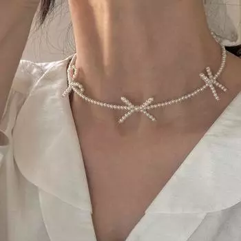 Милое и милое девичье жемчужное ожерелье с бантом для женщин, изысканная элегантность, индивидуальность, мода, универсальная цепочка на шею, цепочка на ключицу