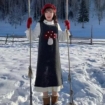 Милое и милое мультяшное вязаное платье для женщин на осень и зиму, маленький и безрукавный свитер, майка, юбка One Size серый