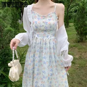 Милое и нежное платье большого размера, облегающее талию, платье с цветочным принтом, шифоновое платье M синий