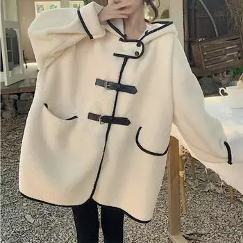 Милое и симпатичное осенне-зимнее новое пальто средней длины с капюшоном в корейском стиле, повседневное модное бархатное студенческое пальто для женщин S