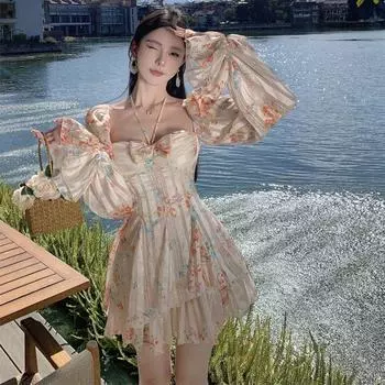 Милое и тонкое платье с одним плечом и длинными рукавами, свисающим воротником, шифоновое платье с цветочным принтом, осенняя юбка А-силуэта S