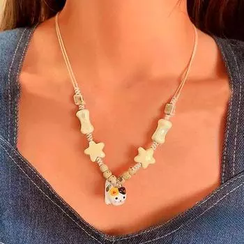 Милое керамическое ожерелье с плетеной веревкой в виде кошки и звезды, дизайн меньшинства, милое ретро, милое крутое ожерелье для девочек, модные украшения