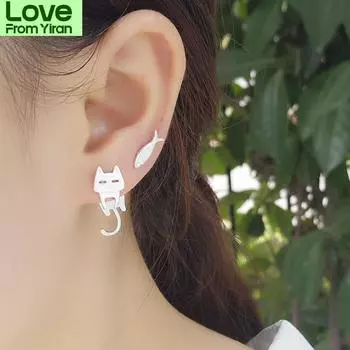 Милое кольцо для ушей в виде рыбки-кошки из стерлингового серебра 925 пробы, гипоаллергенные серьги-подвески, ювелирные украшения, серьги-гвоздики, предотвращающие аллергию чёрный