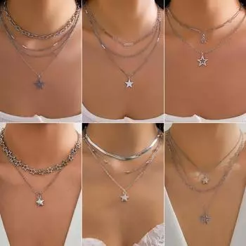 Милое крутое многослойное ожерелье со звездами для женщин и девочек, простые металлические цепочки, ожерелья, ювелирные изделия, ключица