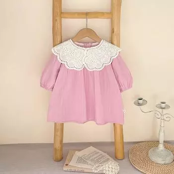 Милое кружевное боди-платье с длинными рукавами и воротником для маленьких девочек - стиль весна/осень 73 cm