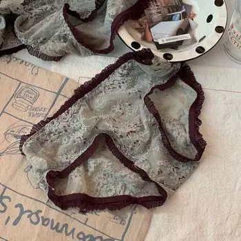 Милое кружевное нижнее белье с цветочным принтом, женственный стиль, низкая талия, тонкий дизайн, облегающие бедра, сетчатые сексуальные женские треугольные брюки One size