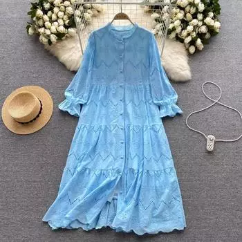 Милое кружевное платье с круглым вырезом для женщин, летние сексуальные платья с длинными рукавами и открытыми плечами, женские платья трапециевидной формы средней длины One Size чёрный