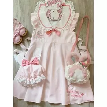 Милое кружевное розовое платье-миди Kawaii для женщин Y2k с милым дизайном в горошек и бантом, V-образным вырезом, без рукавов, летняя японская мода 2024 года XS розовый