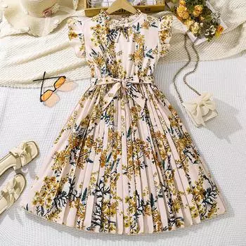 Милое летнее детское платье для девочек с винтажным принтом, рукавами-крылышками и складками на талии 130cm=8Y жёлтый