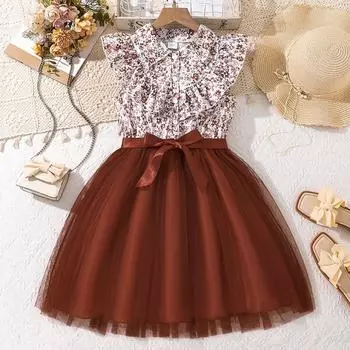 Милое летнее детское платье для девочек без рукавов с цветочным принтом, сетчатое платье принцессы 130cm=8Y темно-коричневого