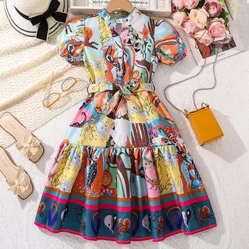 Милое летнее детское платье для девочек с короткими рукавами и принтом на талии, плиссированное платье 130cm=8Y