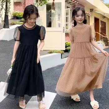 Милое летнее корейское сетчатое платье 2023 года для детей – стильная юбка принцессы для девочек. 130 cm шампанского