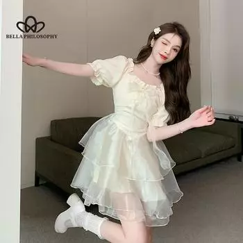 Милое летнее короткое платье принцессы с милым бантом, женское платье-пачка, женское модное элегантное платье, пляжное вечернее платье S абрикосовый