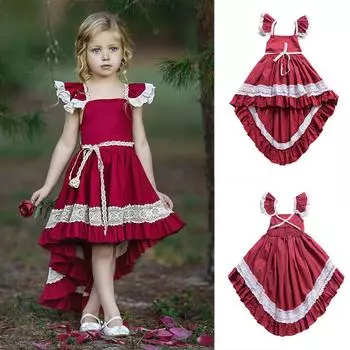 Милое летнее кружевное длинное платье с летящими рукавами для маленьких девочек, асимметричное длинное платье 110 красный