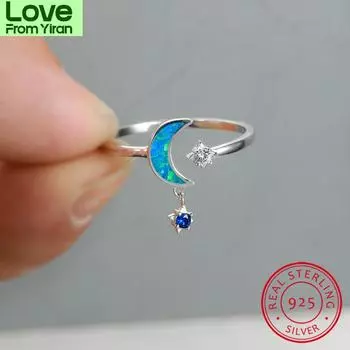 Милое маленькое кольцо со звездой и луной из стерлингового серебра 925 пробы, розового золота, голубого огненного опала, кольца для женщин, синие камни, висячие, обручальное тонкое кольцо 6
