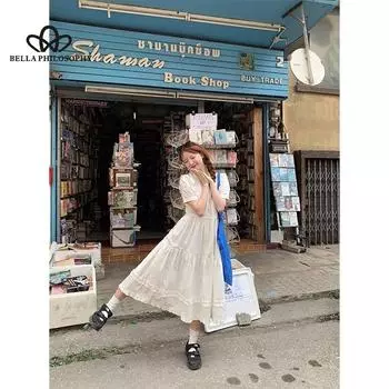 Милое маленькое платье с развевающимися рукавами, летнее женское винтажное кружевное платье средней длины во французском стиле, кружевное платье средней длины S белый