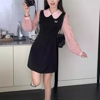 Милое мини-платье в горошек Весна Осень Имитация двух частей Сшитое Преппи стиль Воротник-куколка Модное А-силуэт Талия M чёрный