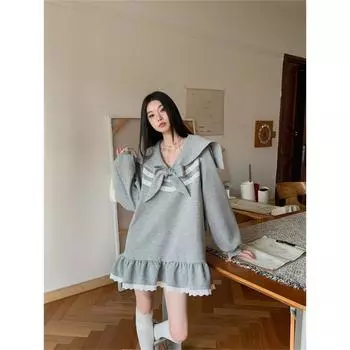 Милое мини-платье в стиле преппи, женская одежда, модное кружевное платье с вставками, весна-осень, матросский воротник, бант, базовые платья с оборками S серый