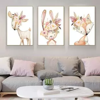 Милое мультяшное животное, подвесная картина, олень, слон, кролик, медведь, украшение, детская комната, живопись, скандинавская картина маслом, стена 21*30cm