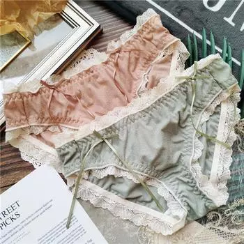Милое нижнее белье, многослойное нижнее белье из ледяного шелка с кружевными краями, кокетливая сексуальная сумка, удобные трусы с низкой посадкой, женские трусики One Size зелёный