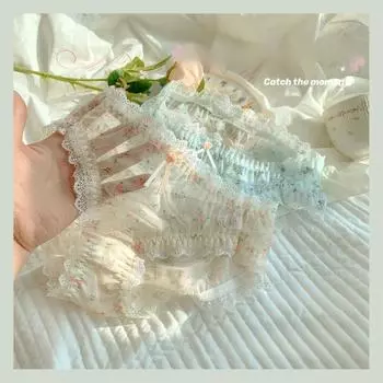 Милое нижнее белье с цветочным принтом для женщин с сельской перспективой. Трусы с цветочным кружевом. Чистый хлопок. Нижнее белье для девочек. Летние трусики. M чистый белый