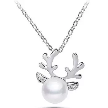 Милое ожерелье с подвеской в виде рогов оленя, жемчужная цепочка, рождественский подарок в виде оленя, ожерелье с рождественским украшением в виде оленя