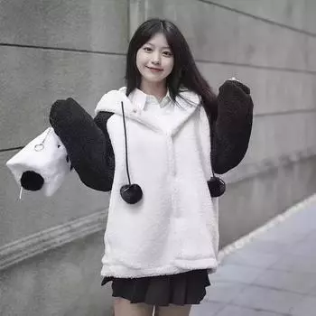 Милое пальто из шерсти ягненка с пандой для женщин, осень и зима, новое модное пальто с капюшоном для маленьких мужчин, флисовое, более толстое, студенческая мода S белый
