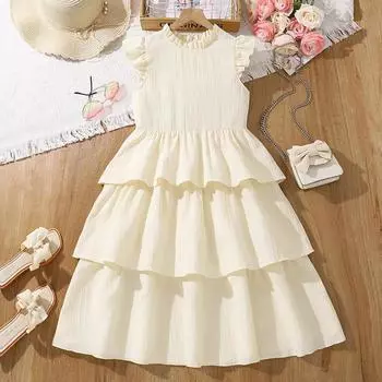 Милое платье для девочек Летнее детское платье Модное платье-торт принцессы с рукавами-крылышками 130cm=8Y белый
