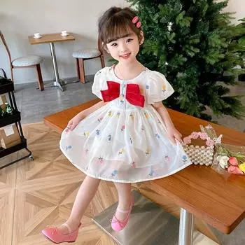 Милое платье для девочек, вестернизированное платье с галстуком-бабочкой, платье принцессы с цветами 130