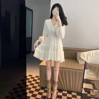 Милое платье для женщин, весеннее и летнее платье феи с высокой талией и длинными рукавами 2XL слоновая кость