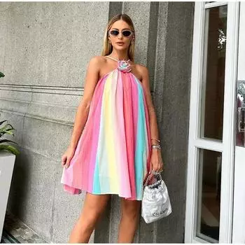 Милое платье-халтер с цветочным градиентом для женщин, 3D-цветок, без рукавов, со шнуровкой на спине, А-силуэт, свободное летнее платье S