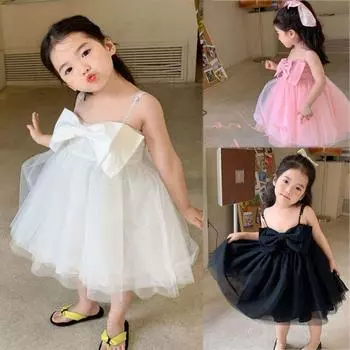 Милое платье на бретельках с бантом для маленьких девочек, пышное платье принцессы, праздничный костюм без рукавов 90