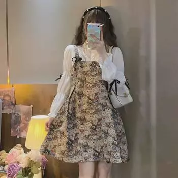 Милое платье-рубашка с подтяжками в японском стиле для студенток - Милая и свежая юбка средней длины в студенческом стиле А-силуэта M