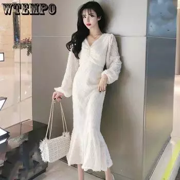 Милое платье-рыбий хвост ранней весны, нежная легкая юбка в стиле зрелой французской феи с V-образным вырезом S абрикосовый