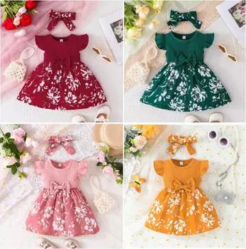 Милое платье с бантом для девочек, летнее детское милое платье принцессы + хиджаб 3-6M