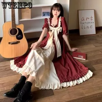 Милое платье с бантом в студенческом стиле для девочек, студенток, маленькая, свежая, с объемными рукавами, трапециевидной формы, большая распашная юбка, юбка выше колена S красный