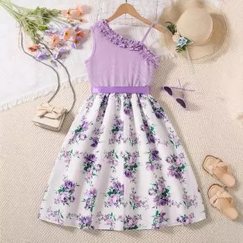 Милое платье с цветочным принтом для девочек, летнее детское платье принцессы 130cm светло-фиолетовый