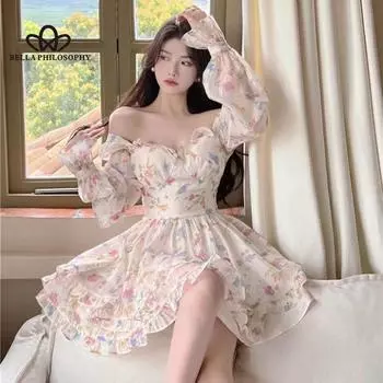 Милое платье с длинными рукавами во французском стиле, женское весенне-летнее короткое платье с пышными рукавами и талией, новый дизайн