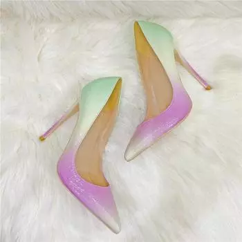 Милое платье с градиентом и высокими каблуками, узкие туфли на высоком каблуке с цветными блоками, слегка заостренный носок, женская обувь больших размеров 33