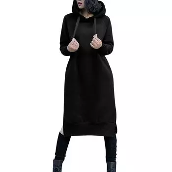 Милое платье с капюшоном для девочек-подростков, однотонное платье-толстовка с длинными рукавами и карманами на шнурке, осеннее платье больших размеров L чёрный