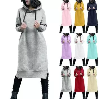 Милое платье с капюшоном для девочек-подростков, однотонное платье-толстовка с длинными рукавами и карманами на шнурке, осеннее платье больших размеров L темно-синий