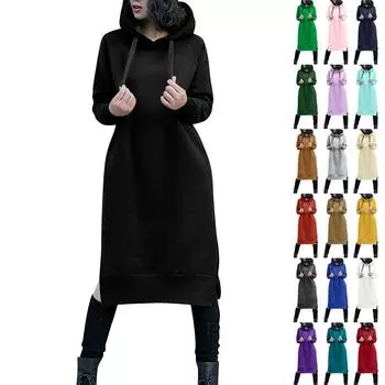 Милое платье с капюшоном для девочек-подростков, однотонное платье-толстовка с длинными рукавами и карманами на шнурке, осеннее платье больших размеров L чёрный