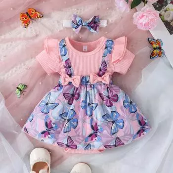 Милое платье с короткими рукавами и лямкой для малышей, новый летний комбинезон с принтом бабочки, детская одежда, От 0 до 18 месяцев 0-3M фиолетовый